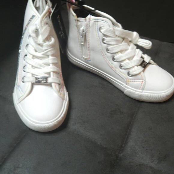 Bebe Girls White High Top Sneakers | Size 10 | Rainbow Stitching + Side Zip - Picture 3 of 5